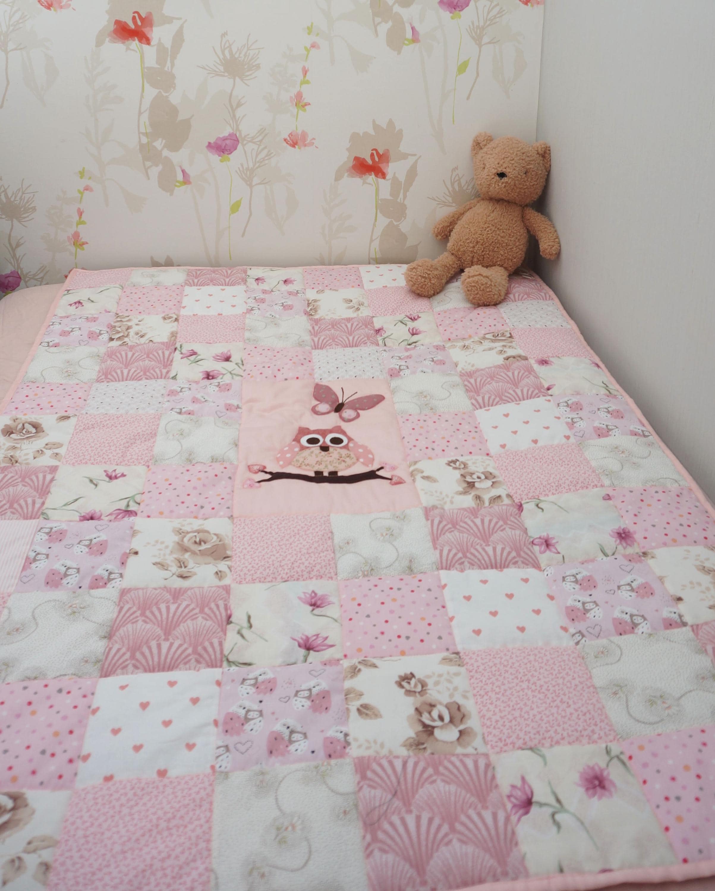 Romantic Patchwork Quilt, Toddler/Baby Girl Owl Blanket, Pink Tones Quilted Bedding, Baby Shower/Fi