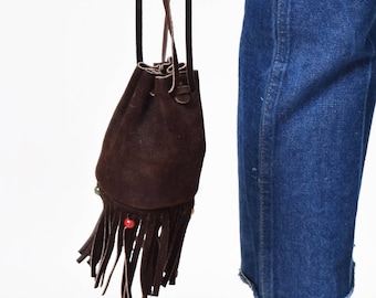 1970s Brown Suede Pouch with Fringe 70s Vintage
