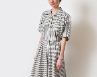 Norma Kamali Pinstriped Shirt Dress Vintage Striped Cotton Linen Shirtdress Designer 30" M