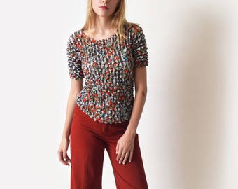 Floral Popcorn Top Vintage Micropleat Crop Top XS S
