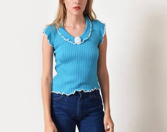 1970s Teal Knit Top with Rosette 70s Vintage Sweater Top XS