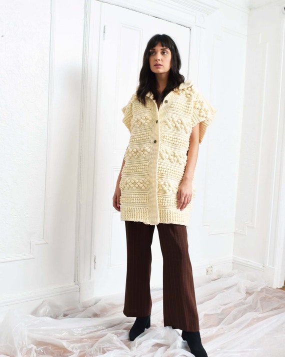 Vintage Popcorn Knit Sweater Coat Oversized Cable