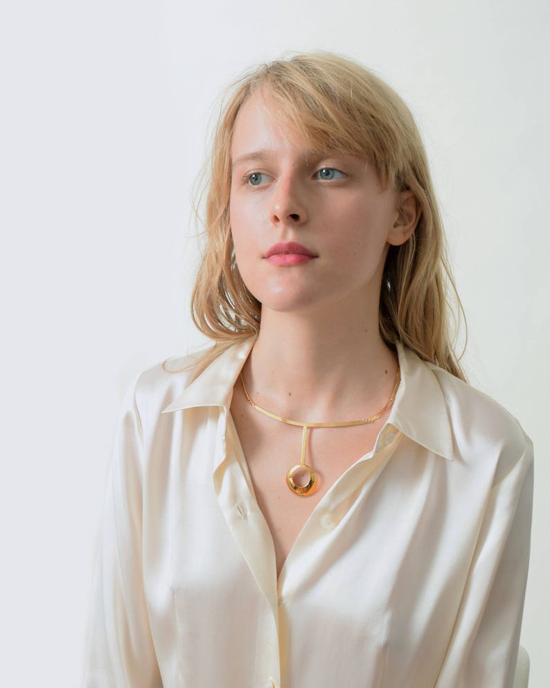 Suspended Circular Pendant Necklace Vintage Goldtone Collar Necklace
