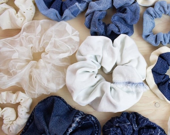 Molde de Costura para Scrunchie em PDF – Recicle Jeans Velhos – Inglês Bilíngue Francês – Fácil para Iniciantes – 3 Tamanhos – Laço Bônus – Download Instantâneo