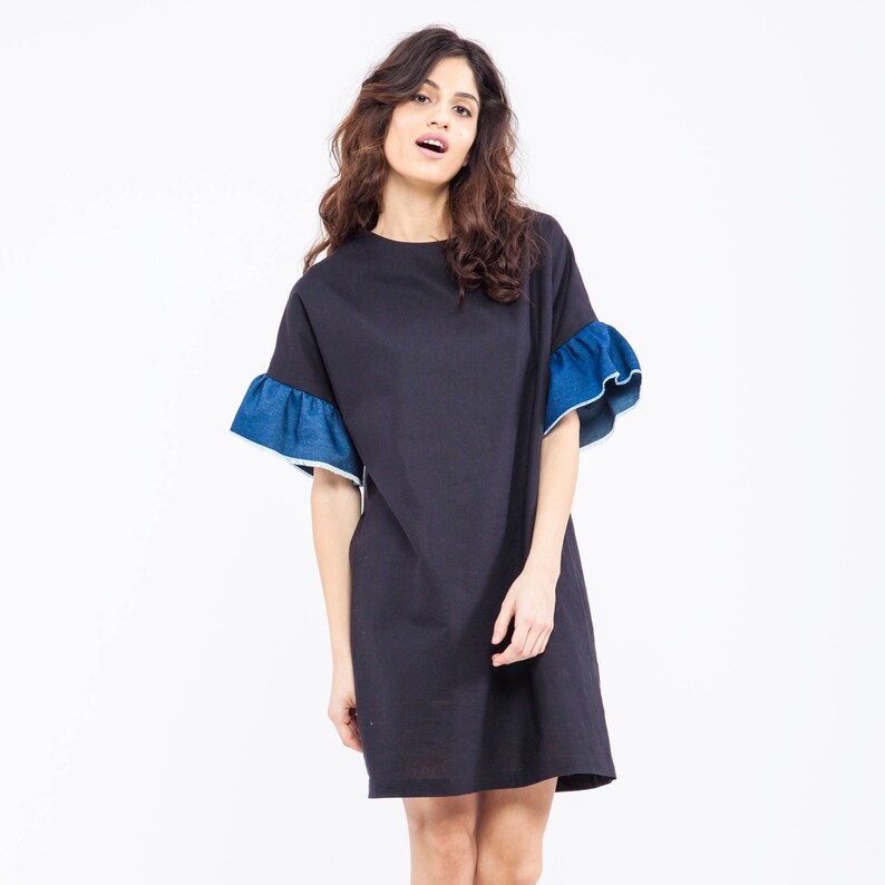 Black linen and upcycled denim t-shirt dress