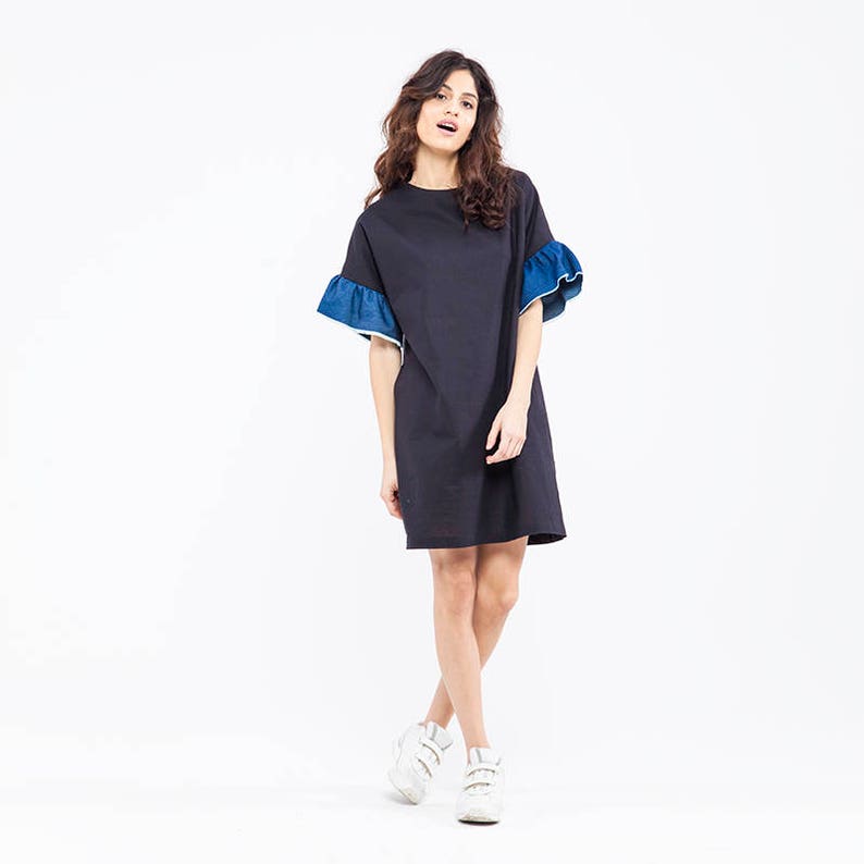 Black linen and upcycled denim t-shirt dress