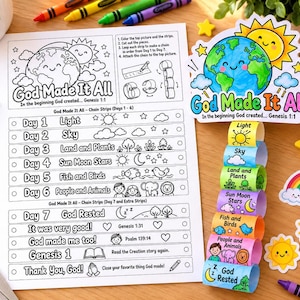 May include: A printable activity sheet titled God Made It All with a corresponding paper chain craft featuring colourful loops labelled Day 1 through Day 7, surrounded by crayons, scissors, and stickers of a rainbow, sun, and the earth.