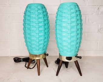 Pair of Vintage Mid Century Basketweave Beehive Teal Lamps - Free Shipping to Lower 48!