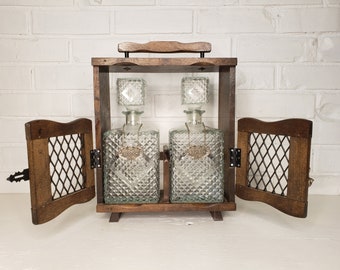 Vintage Wooden Mini Bar Cabinet with Scotch & Bourbon Decanters - Tantalus - Gorgeous Wooden Cabinet - Free Shipping to the Lower 48!