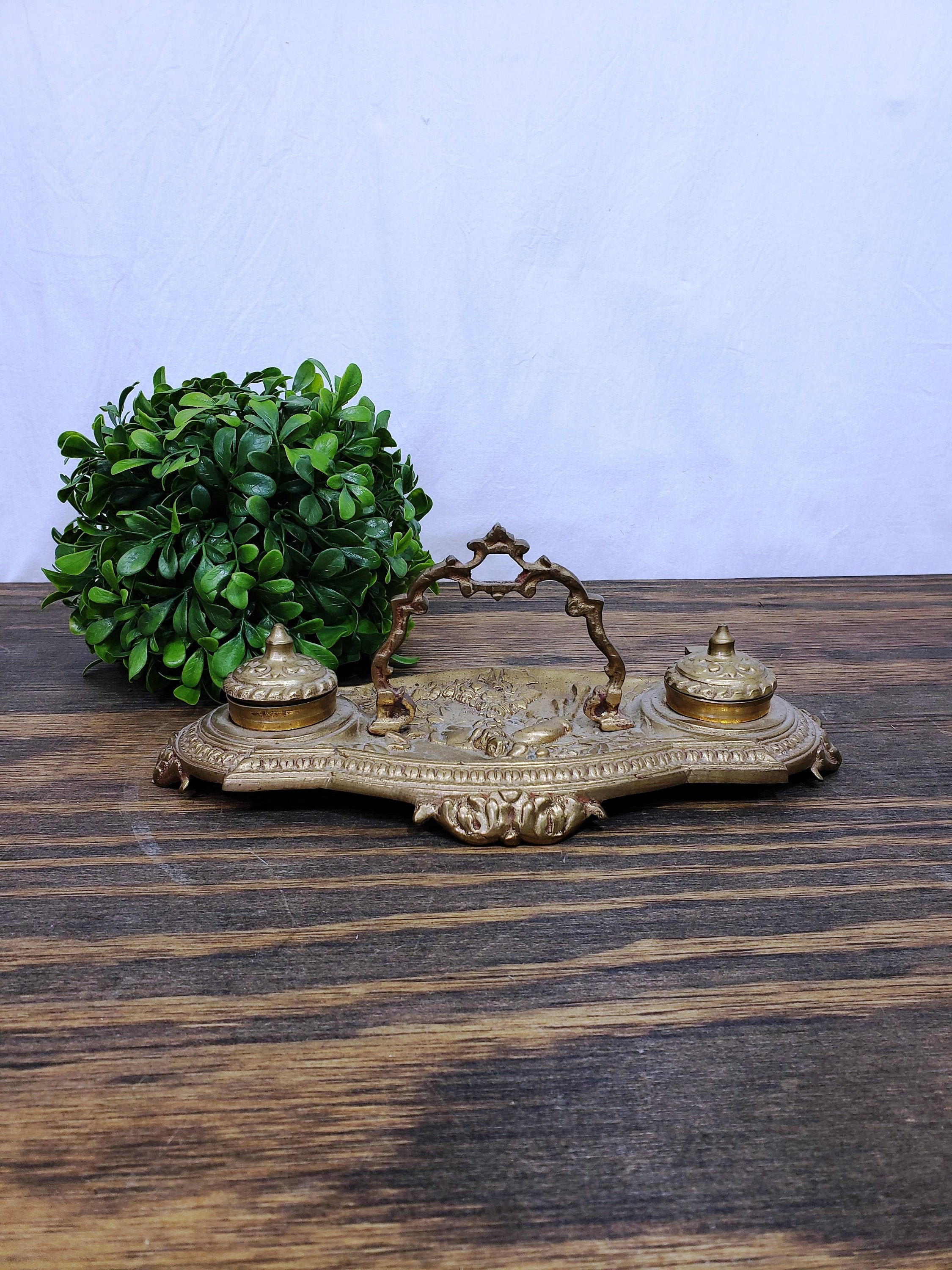 Vintage Solid Brass Double Inkwell