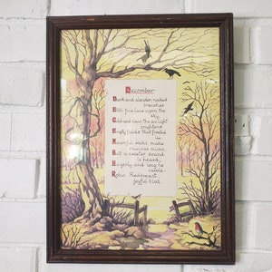 May include: A framed vintage illustration of a winter scene with a poem about December. The poem describes the month as dark, slender, and naked with branches etching lace upon the sky. The poem also mentions the sunlight brightening empty fields that are frosted and the mournful rooks making raucous music. The poem ends with a description of a robin redbreast singing a joyful carol.