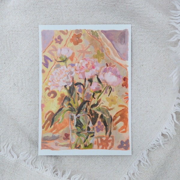 Peonies and a Turkish tapestry | still life painting flower postcard | recycled paper