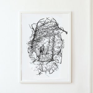 Meraviglia infantile / vanlife art / inchiostro bianco e nero che disegna eco artprint poster
