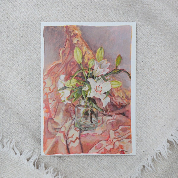 Lillies | still life painting flower postcard | recycled paper