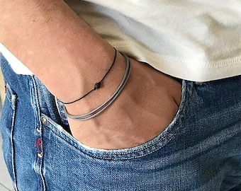 Men String Bracelet - Black Lava Stone Minimal Bracelet for Men & Women - Unisex Adjustable Sliding Knot Design -Perfect Gift for Him or Her