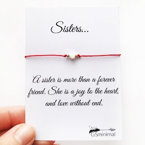 parelmoer armband, rode string armband, cadeau voor zus, zussen wens armband, vriendschap armband, verjaardagskaart, cadeau voor vrouwen