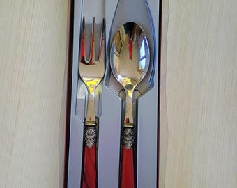 Vintage Lucite Bakelite Italian Salad Spoon and Fork Server Set NOS Burgundy Handles Hollywood Regency 18/10