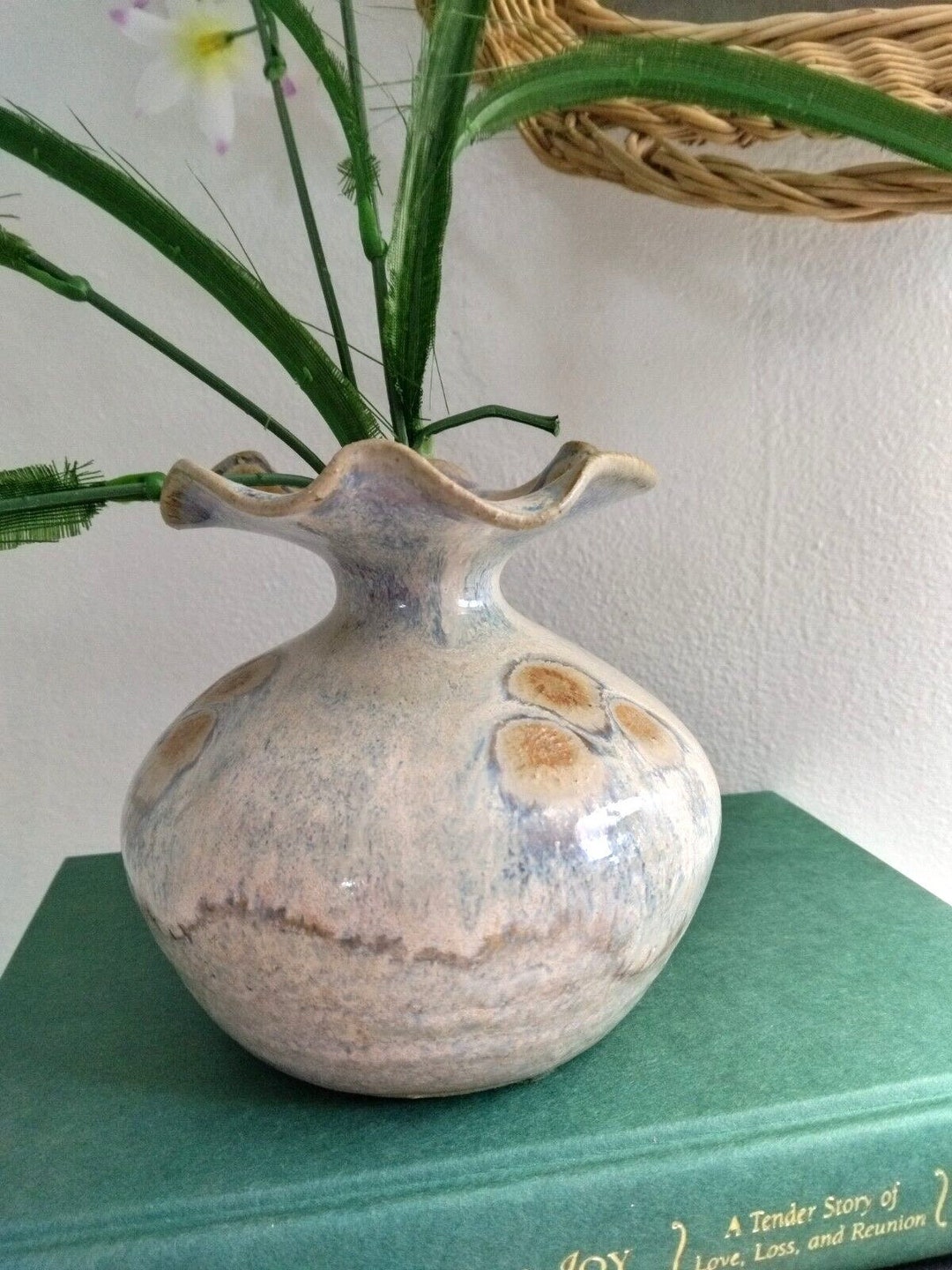 Vintage Studio Pottery Bud Vase Crimped Edge Cream Blue Drip Glaze ...