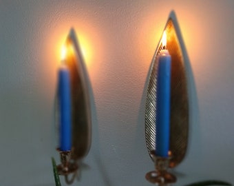 Pair of Vintage Brass Banana Leaf Feather Taper Candle Sconces MCM Mid Century BOHO Tropical