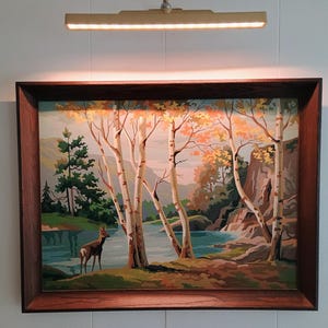 May include: A framed landscape painting featuring a deer standing near a calm blue river surrounded by white birch trees with autumn-colored foliage. The scene includes rocky cliffs and evergreen trees, all enclosed within a dark wooden frame.