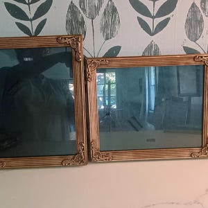 May include: Two rectangular picture frames with a metallic bronze finish and ornate corner detailing. The frames feature vertical ribbed patterns along the edges and contain clear glass panes, reflecting the surrounding environment.