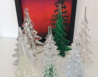 Lot of 8 Glass Blown Christmas Trees Mixed and Clear Polished Bottoms Vintage 9"-5" Nostalgic Christmas