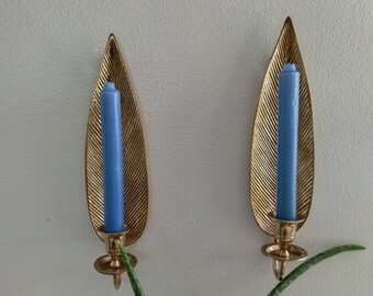 Pair of Vintage Brass Banana Leaf Feather Taper Candle Sconces MCM Mid Century BOHO Tropical