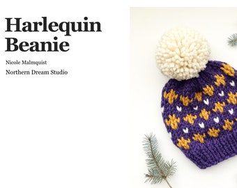 KNITTING PATTERN // Harlequin Beanie // Colorwork Fair Isle Knit Hat Pattern