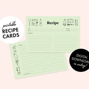 Cartões de Receitas para Imprimir com Ilustrações de Alimentos Desenhadas à Mão, Verde ou Branco