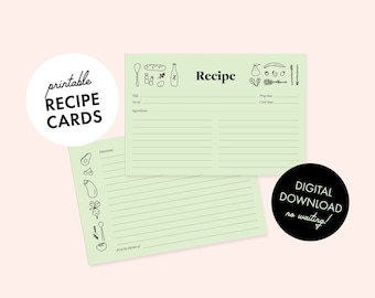 Recipe Cards Printable With Hand-Drawn Food Illustrations, Green or White
