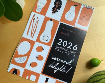 2026 Seasonal Delights Illustrated Wall Calendar | Food and Drink Midcentury Illustration Calendar | Free US Shipping