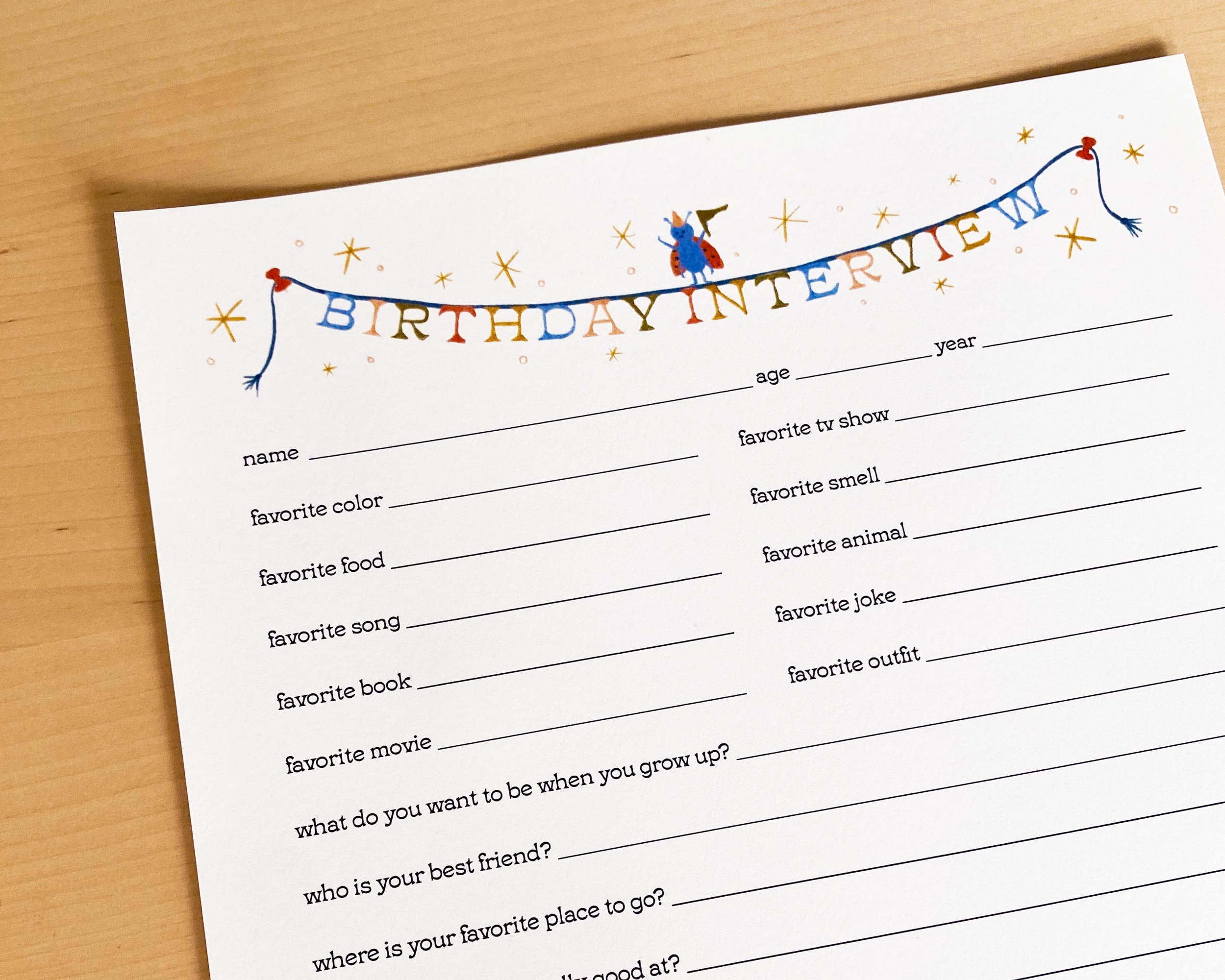 Kids&rsquo; Birthday Interview Printable Digital Download With Colorful Cute