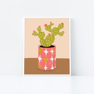 Illustrerad blommande kaktus i kruka med stjärnmönster från mitten av århundradet - krukkonsttryck | 8 x 10 | Kaktustryck | Väggkonst i öknen