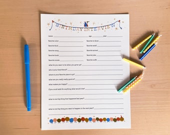 Kids' Birthday Interview Printable Digital Download with Colorful Cute Illustrations