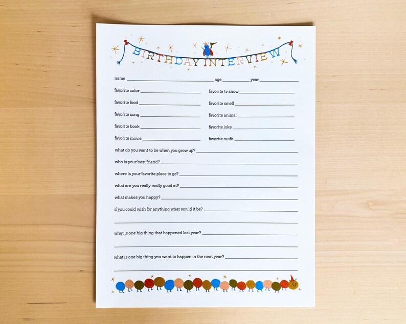 Kids&rsquo; Birthday Interview Printable Digital Download With Colorful Cute