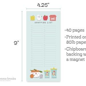 May include: A light blue shopping list notepad with a whimsical design featuring a red apple, a yellow pepper, a white teacup, and a brown and white jar. The notepad has 40 pages and is printed on 80lb paper. It has a chipboard backing with a magnet.