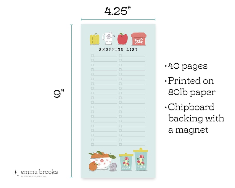 May include: A light blue shopping list notepad with a whimsical design featuring a red apple, a yellow pepper, a white teacup, and a brown and white jar. The notepad has 40 pages and is printed on 80lb paper. It has a chipboard backing with a magnet.