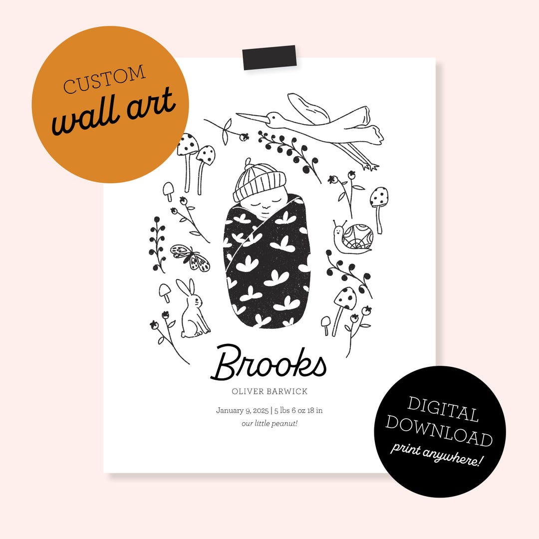 Custom Baby Birth Announcement Wall Art - Sweet Hand-drawn Illustration ...