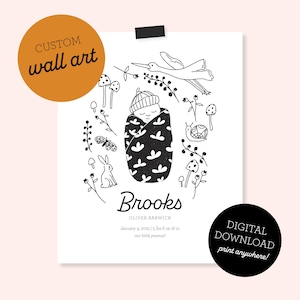 Custom Baby Birth Announcement Wall Art - Sweet Hand-Drawn Illustration 8x10 Digital Download