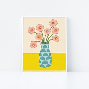 Funky Pink Flowers In Teal Vase Art Print | Floral Illustration Wall Art | 8 X 10