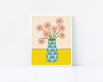 Funky Pink Flowers In Teal Vase Art Print | Floral Illustration Wall Art | 8 X 10