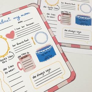 May include: A printable worksheet with a pink and white checkered background. The worksheet is designed to help children learn about their mothers. It includes prompts such as "She looks like this", "She likes to wear", "Her favorite food", and "She always says".