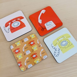 Vintage Telephone Illustrated Coasters Set of 4 - Artistic, Colorful & Bright Decor - Unique Gifts by Artist