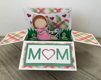 HEART BANNER Girl MOM Pop Up Box Greeting Card, Birthday Valentine's Mother's Day Surprise Pop Up Box Card