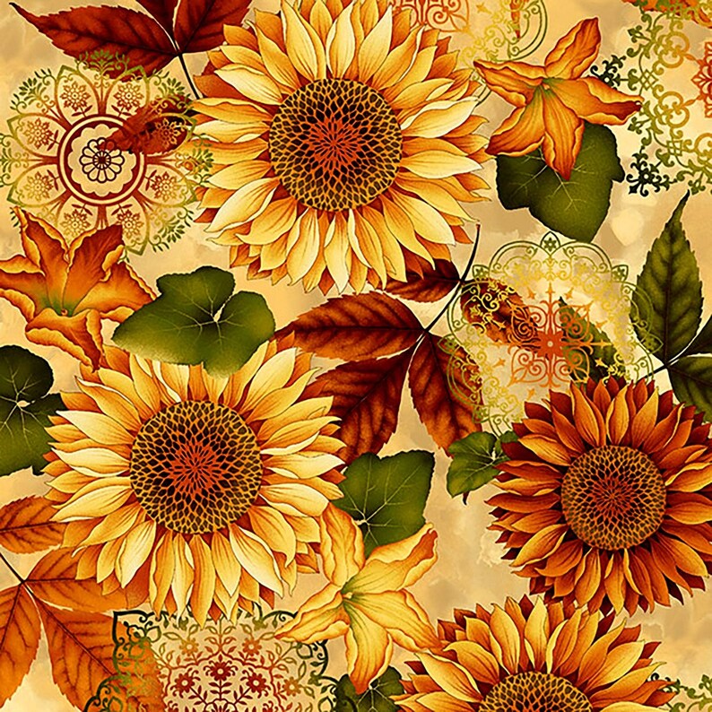 Cream Sunflower Fabric Yardage. Harvest Henry Glass. Etsy