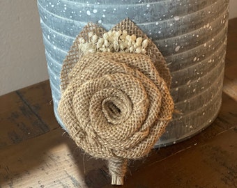 Boutonniere (Choose Colors/Types) made from handmade burlap flowers, burlap boutonniere, rustic boutonniere, groom boutonniere, corsage