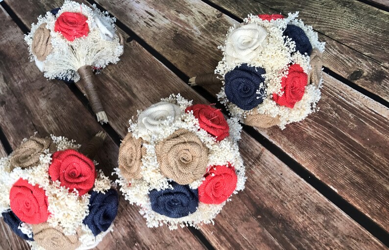 Choose Size Burlap Bouquet Bridesmaid Bouquet in BurlapNavyCoralIvory Rustic Bouquet Wedding Bouquet Burlap Flowers Rustic Wedding