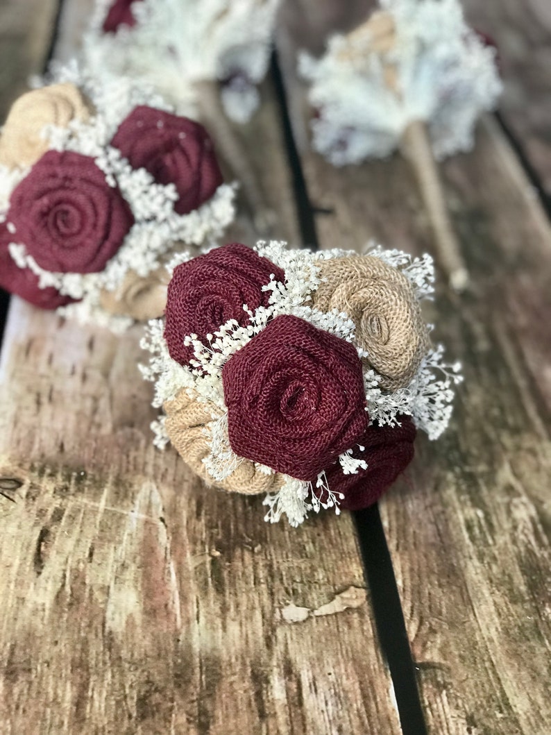 Rustic Burgundy Wedding Bouquet with handmade burlap