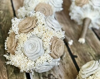 Burlap & Ivory Bridesmaids Bouquets (Choose Size) 1 Bouquet : Burlap Bridesmaids Bouquets, Burlap Wedding Bouquets, Burlap Bouquets, Rustic
