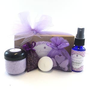 Lavender bath and body gift with with bath salts, sachet, candle, soap and spray mist